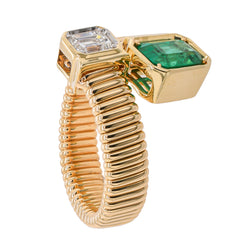 14K Yellow Gold Emerald and Diamond Bezel Bypass Ribbed Ring, view 2