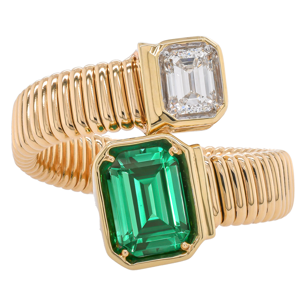 14K Yellow Gold Emerald and Diamond Bezel Bypass Ribbed Ring