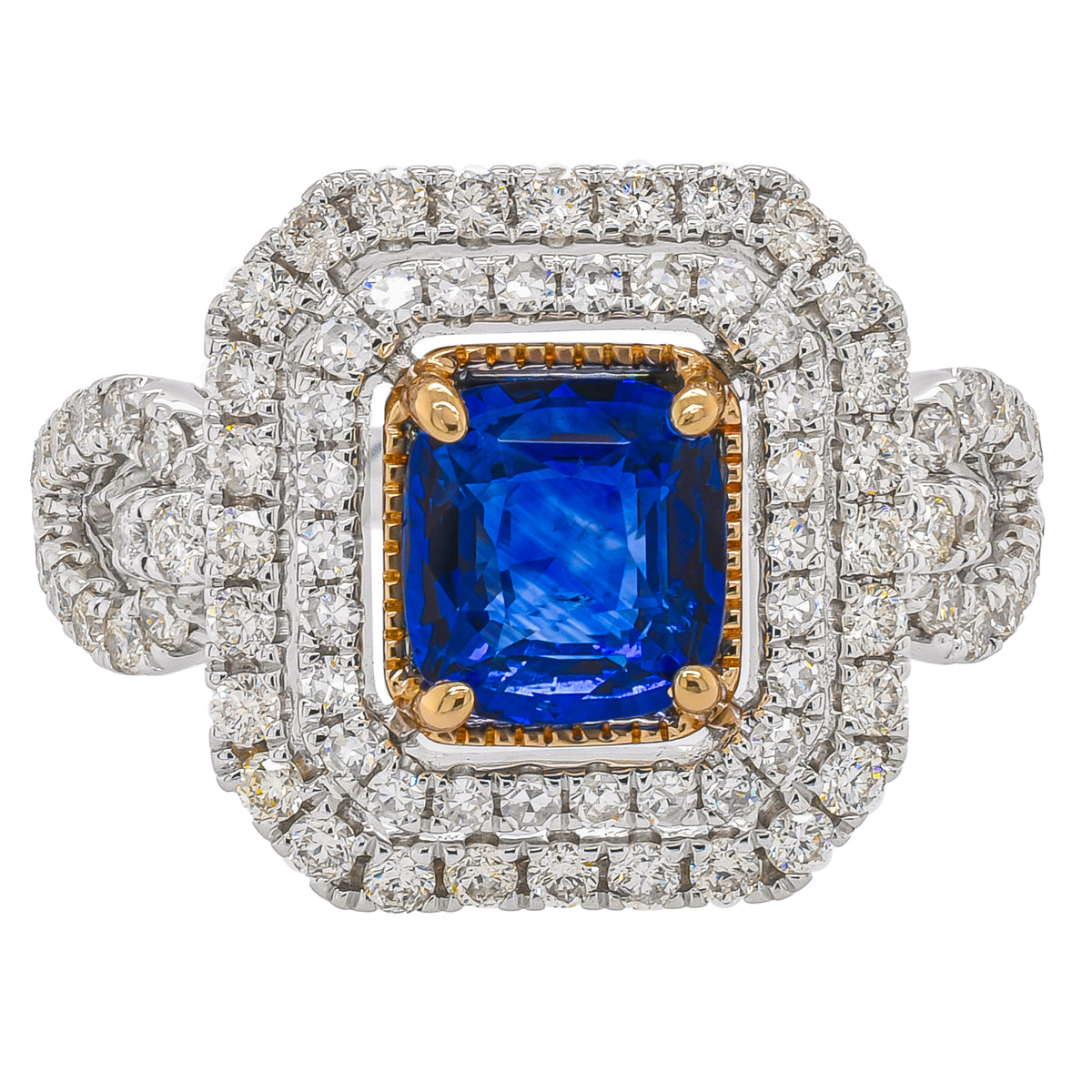 Platinum and 14K Yellow Gold Sapphire Cushion Double Halo Diamond Ring