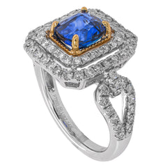 Platinum and 14K Yellow Gold Sapphire Cushion Double Halo Diamond Ring, view 2