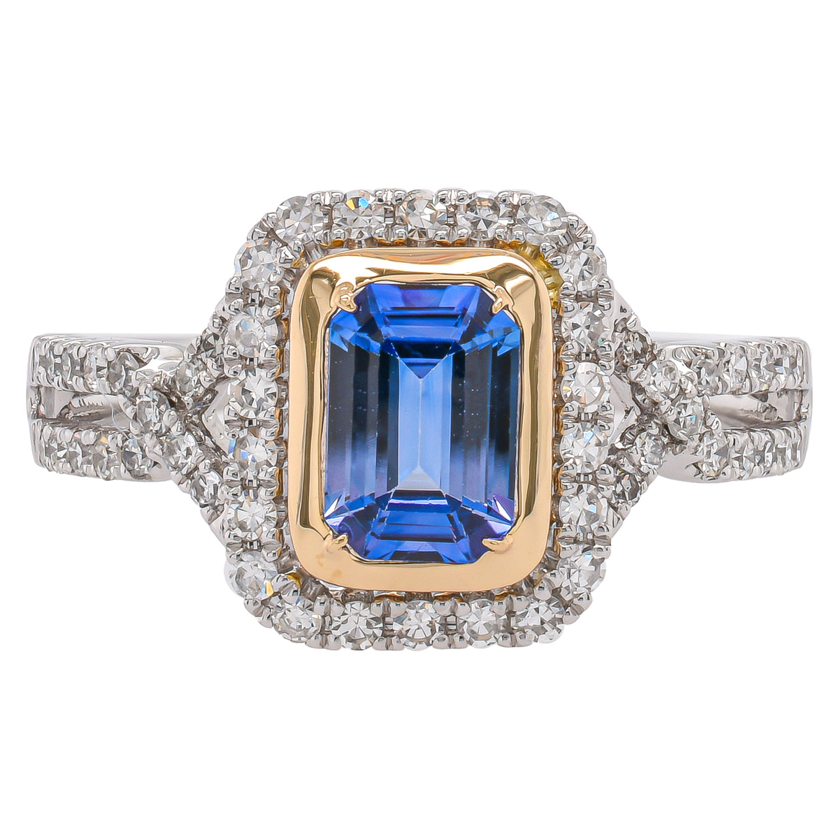 Platinum and 14K Yellow Gold Sapphire Emerald Cut Diamond Halo Ring