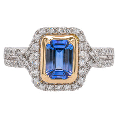 Platinum and 14K Yellow Gold Sapphire Emerald Cut Diamond Halo Ring, view 1