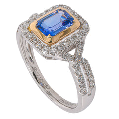 Platinum and 14K Yellow Gold Sapphire Emerald Cut Diamond Halo Ring, view 2