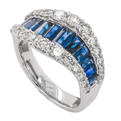 14KWhite Gold Sapphire Baguette Diamond Wave Ring, view 2