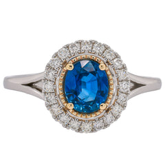 Platinum and 14K Yellow Gold Sapphire Oval Diamond Halo Ring, view 1
