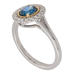 Platinum and 14K Yellow Gold Sapphire Oval Diamond Halo Ring, view 2