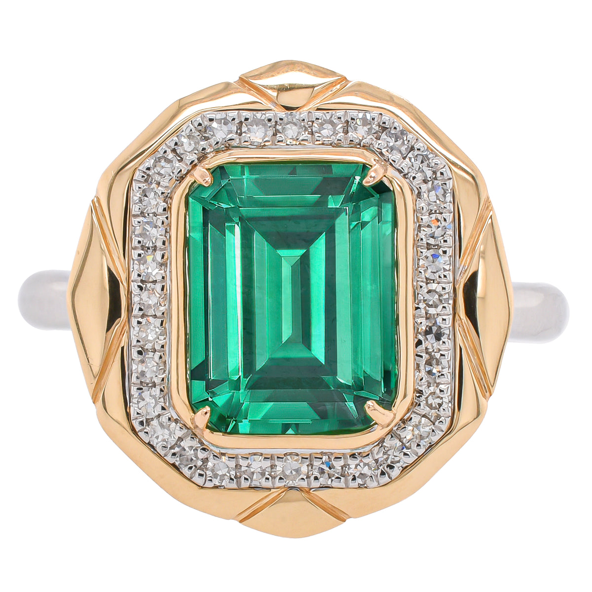 Platinum and 14K Yellow Gold Emerald Diamond Halo Geometric Ring