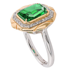 Platinum and 14K Yellow Gold Emerald Diamond Halo Geometric Ring, view 2