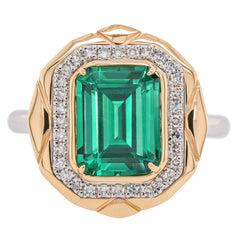 Platinum and 14K Yellow Gold Emerald Diamond Halo Geometric Ring, view 1