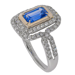 Platinum and 14K Yellow Gold Sapphire Emerald Cut Double Diamond Halo Ring, view 2