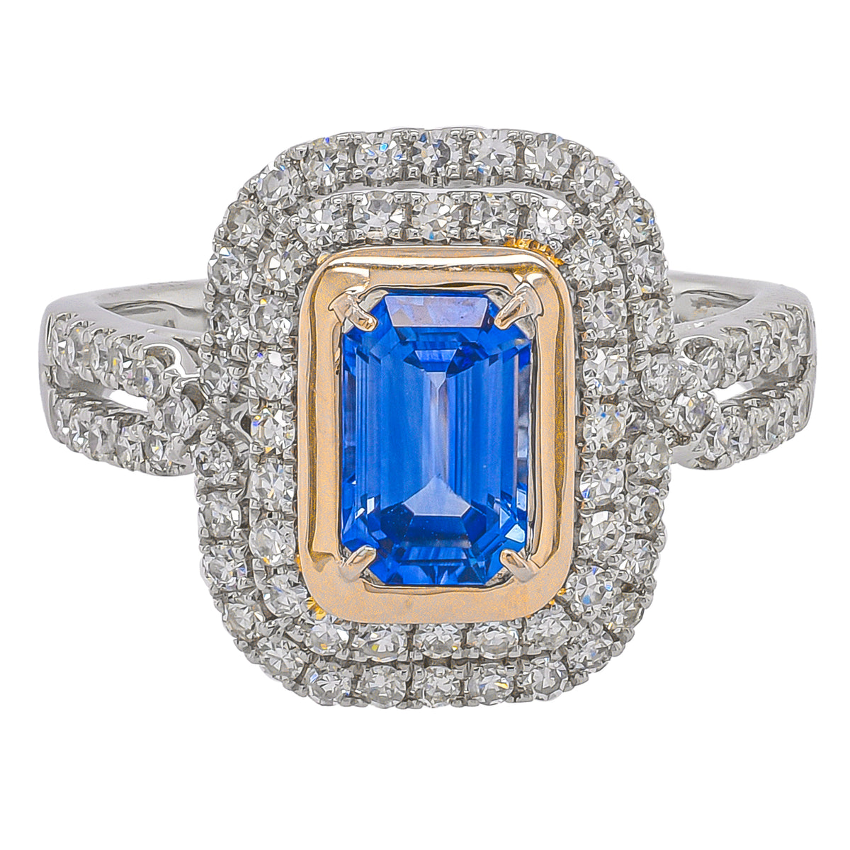 Platinum and 14K Yellow Gold Sapphire Emerald Cut Double Diamond Halo Ring