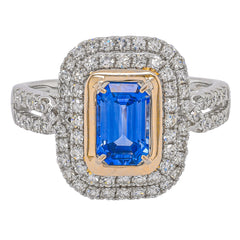 Platinum and 14K Yellow Gold Sapphire Emerald Cut Double Diamond Halo Ring, view 1