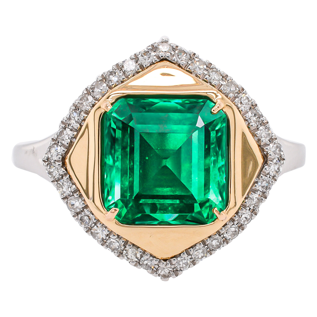 Platinum and 14K Yellow Gold Princess Cut Emerald Diamond Shape Ring