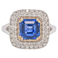 Platinum and 14K Yellow Gold Sapphire Asscher Cut Diamond Halo Ring, view 1