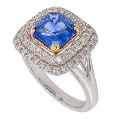 Platinum and 14K Yellow Gold Sapphire Asscher Cut Diamond Halo Ring, view 2