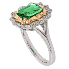 Platinum and 14K Yellow Gold Emerald and Diamond Halo Flower Ring, view 2