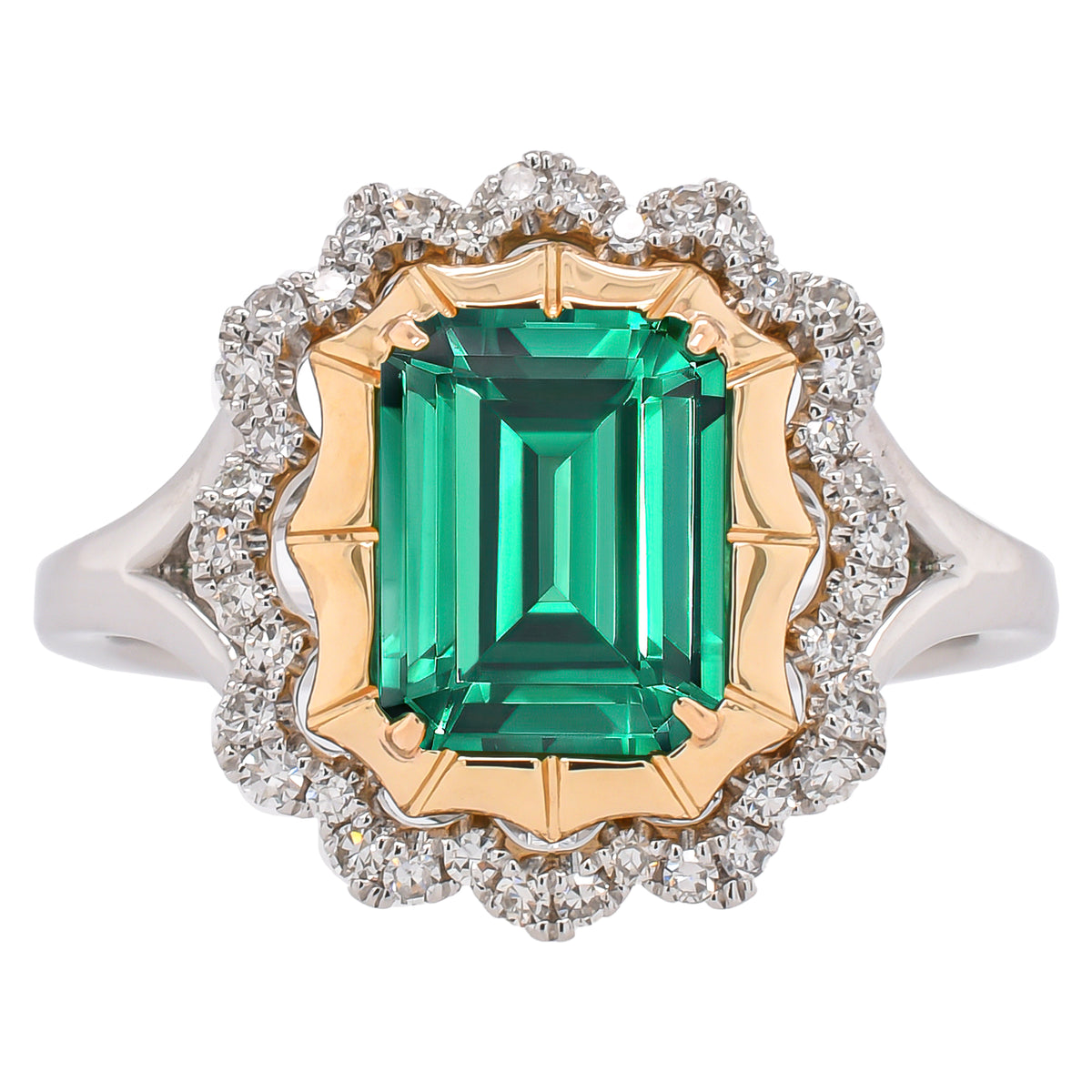 Platinum and 14K Yellow Gold Emerald and Diamond Halo Flower Ring