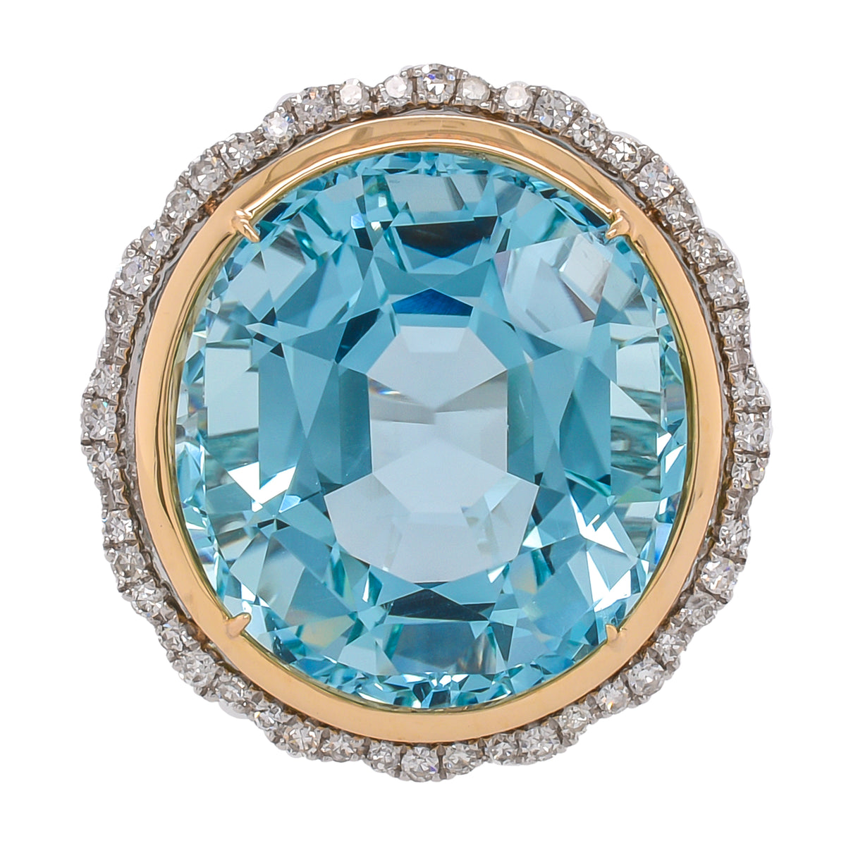 Platinum and 14K Yellow Gold Aquamarine Bezel Diamond Ring