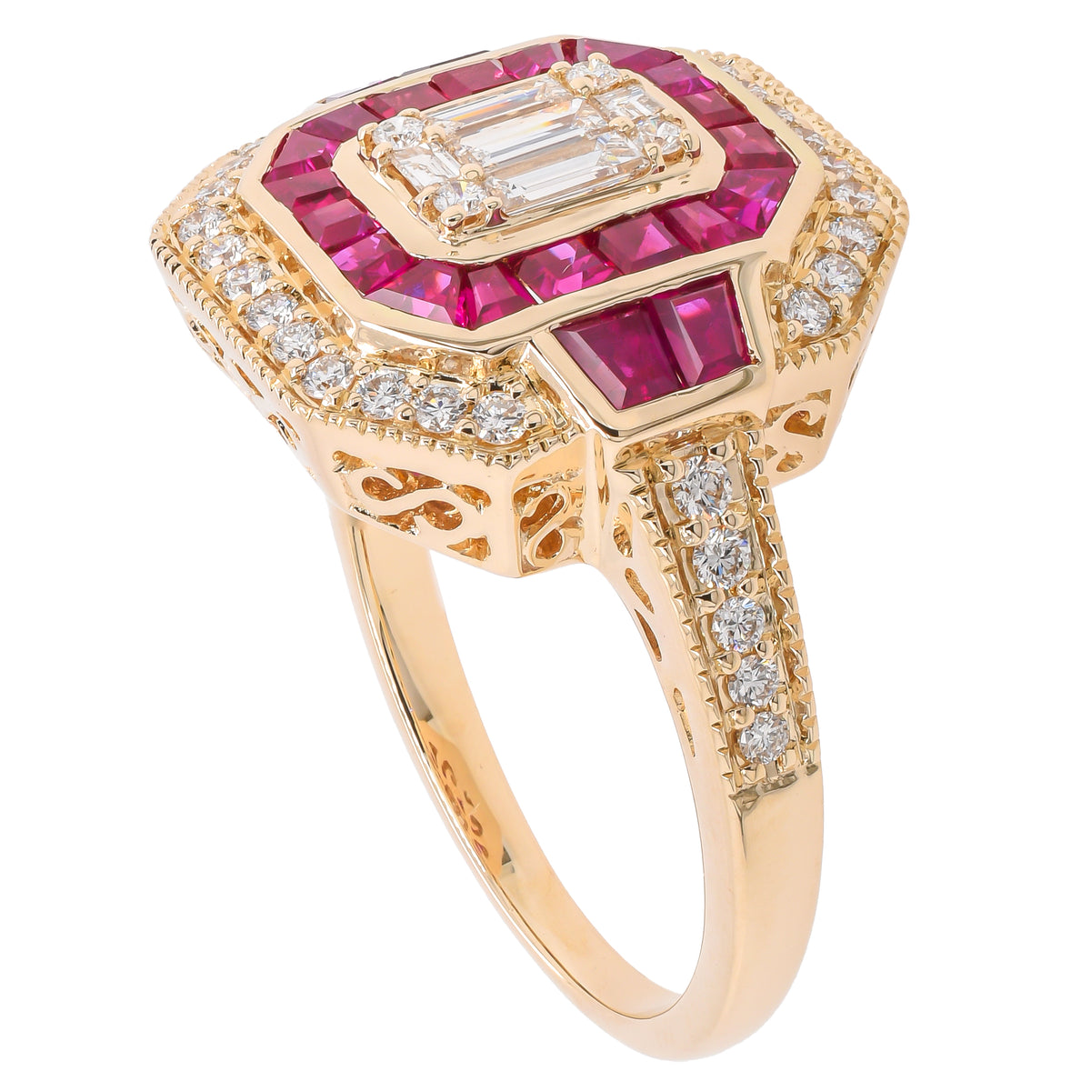 14K Yellow Gold Ruby Baguette Diamond Antique Ring