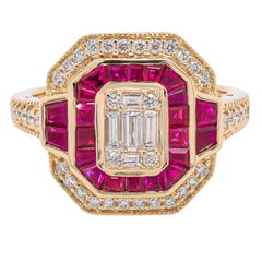 14K Yellow Gold Ruby Baguette Diamond Antique Ring, view 2