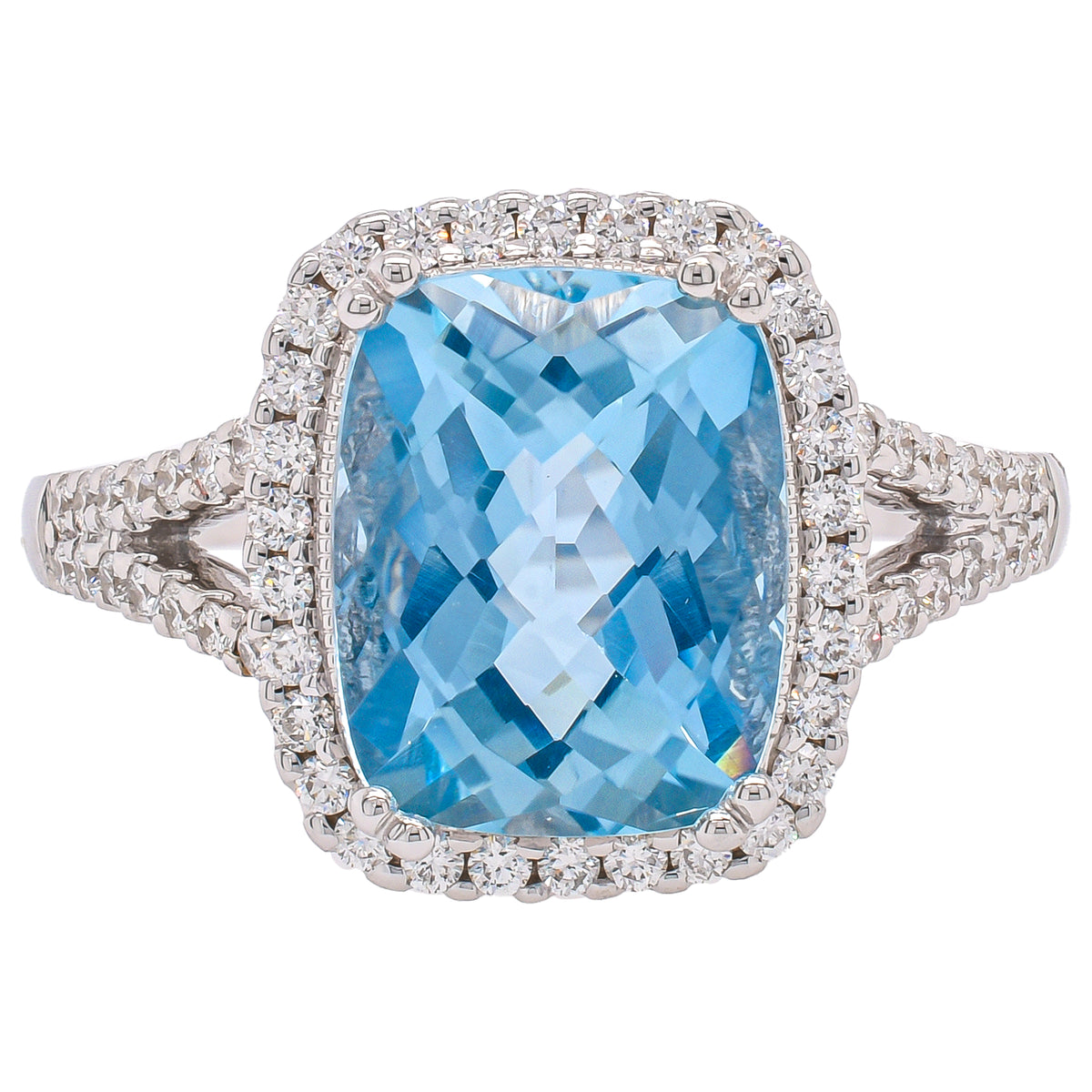 14K White Gold Aquamarine Halo Diamond Ring