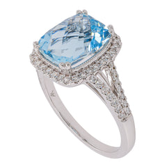 14K White Gold Aquamarine Halo Diamond Ring, view 2