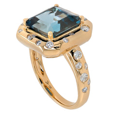 18K Yellow Gold London Blue Topaz Ring with Gypsy Set Diamonds, view 2