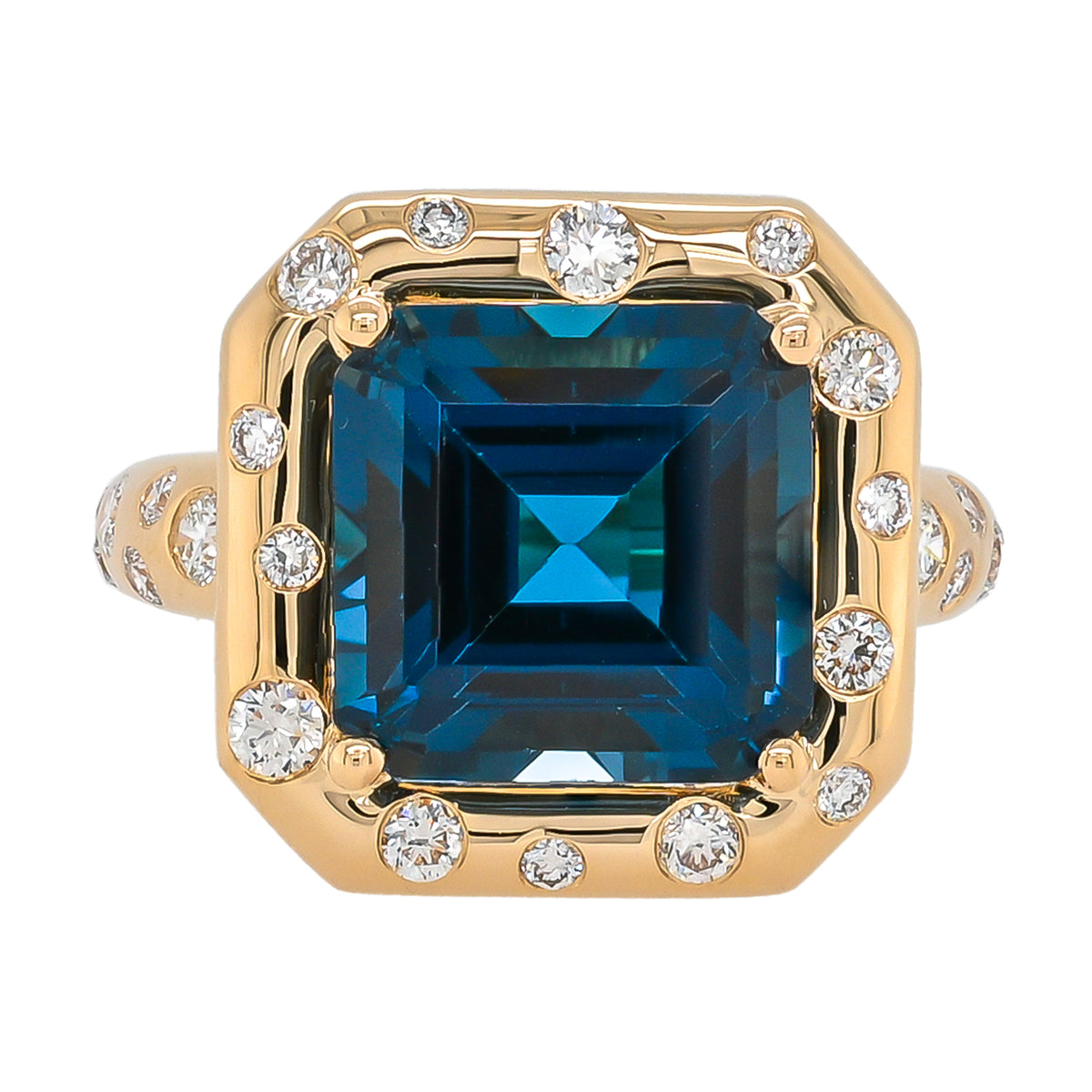 18K Yellow Gold London Blue Topaz Ring with Gypsy Set Diamonds