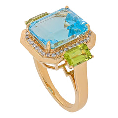 18K Yellow Gold Blue Topaz and Peridot Diamond 3 Stone Ring, view 2