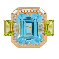 18K Yellow Gold Blue Topaz and Peridot Diamond 3 Stone Ring, view 1