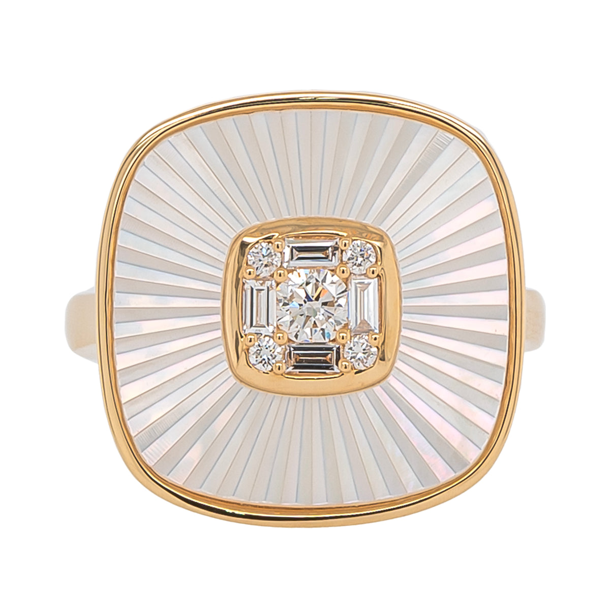 18K Yellow Gold Fluted Mother of Pearl Diamond Ring