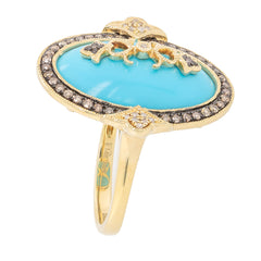 14K Yellow Gold Turquoise Brown Diamond Vintage Ring, view 2