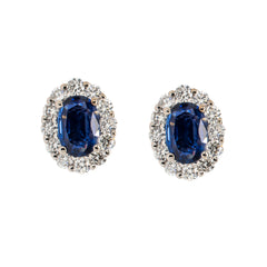 18K White Gold Sapphire Oval Diamond Halo Stud Earrings, view 1