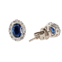 18K White Gold Sapphire Oval Diamond Halo Stud Earrings, view 2