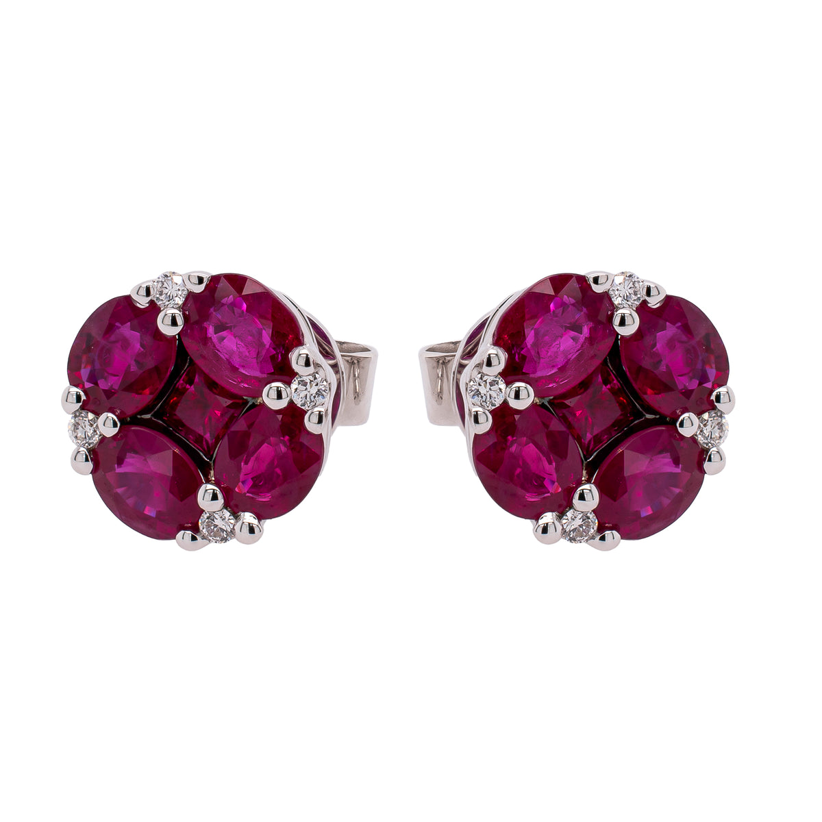 18K White Gold Clover Ruby Diamond Stud Earrings