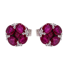 18K White Gold Clover Ruby Diamond Stud Earrings, view 1