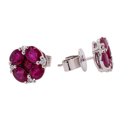 18K White Gold Clover Ruby Diamond Stud Earrings, view 2