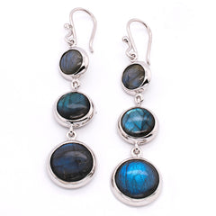 Sterling Silver Bezel Set 3 Stone Labradorite Long Hook Earrings, view 2