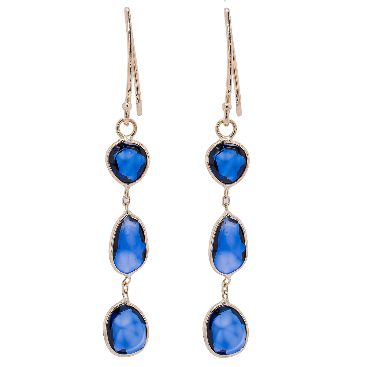 14K Yellow Gold Natural Stone Sapphire Bezel Drop Earrings