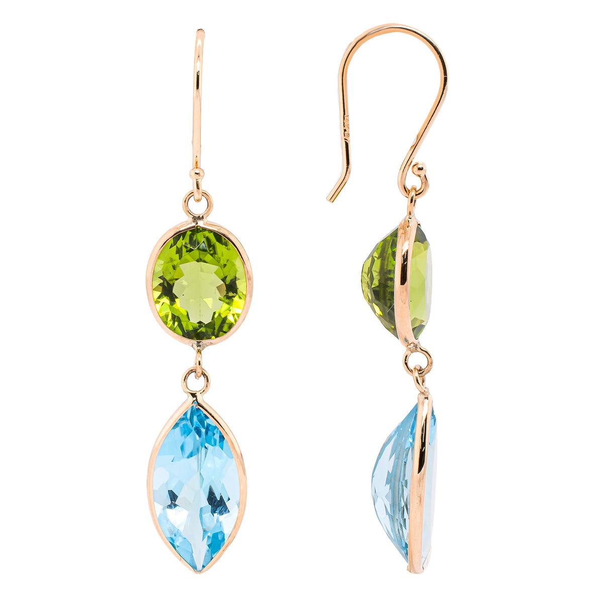 14K Yellow Gold Blue Topaz and Peridot Besel Set Dangle Earrings