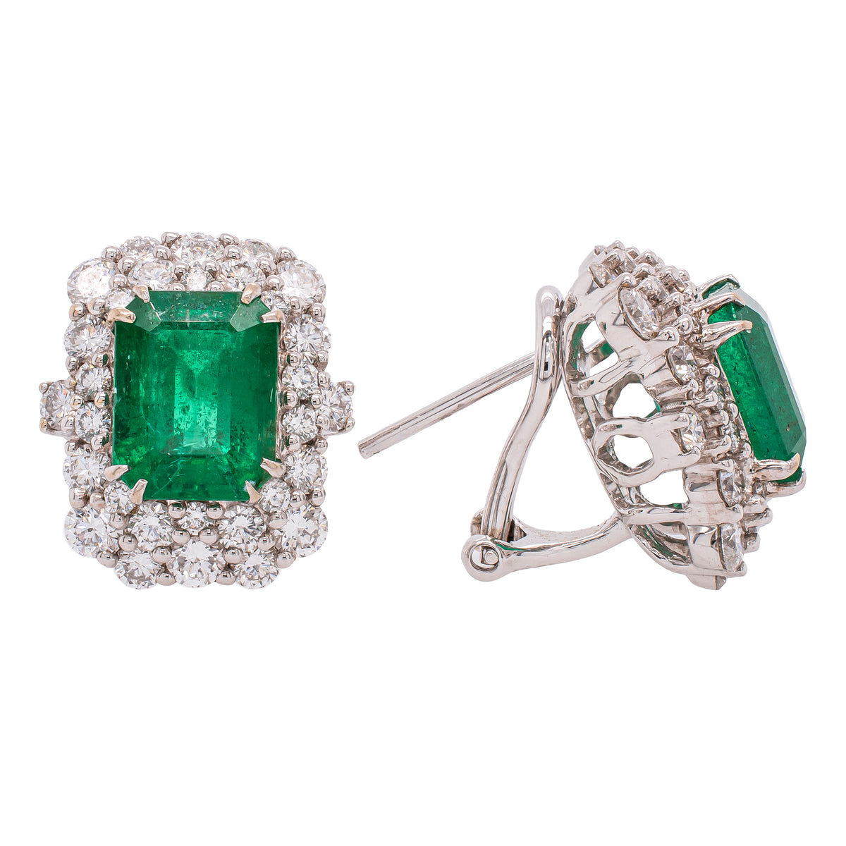 18K White Gold Emerald Cut Emerald Diamond Omega Back Earrings