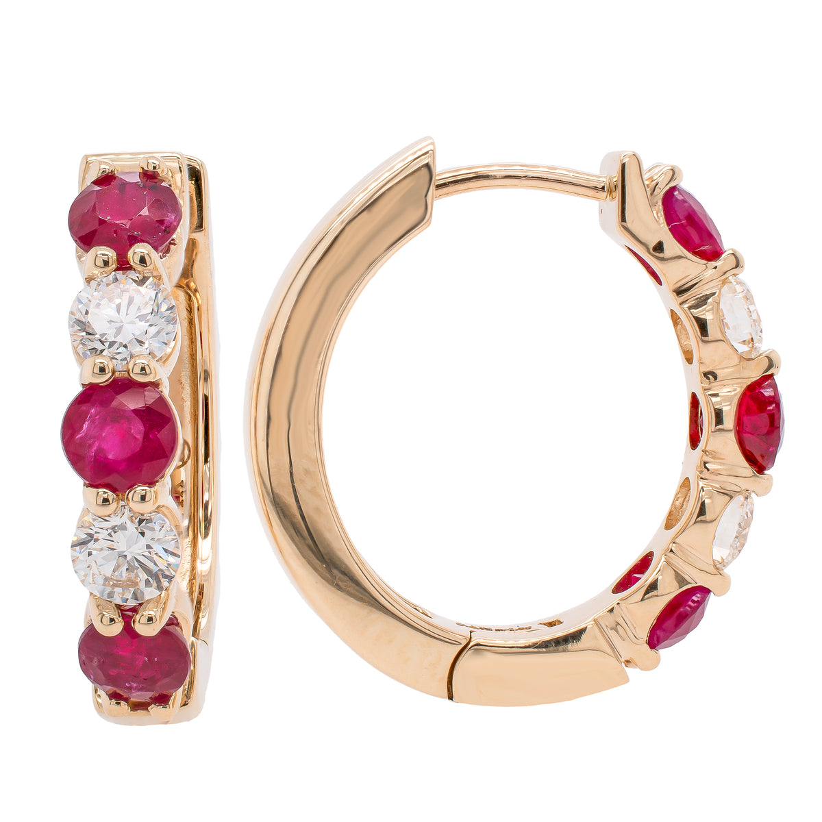 14K Yellow Gold Ruby Diamond Hoop Earrings