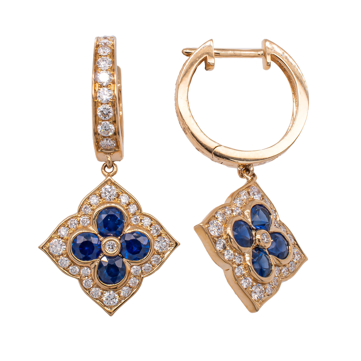14K Yellow Gold Sapphire Flower Diamond Dangle Hoop Earrings