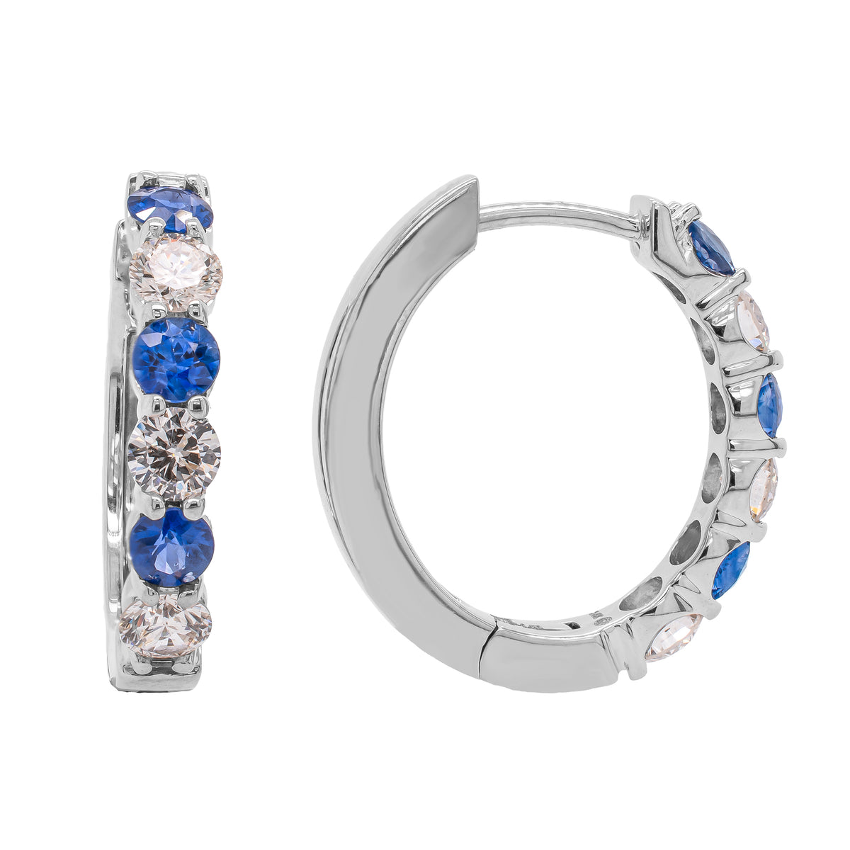 14K White Gold Sapphire Diamond Hoop Earrings