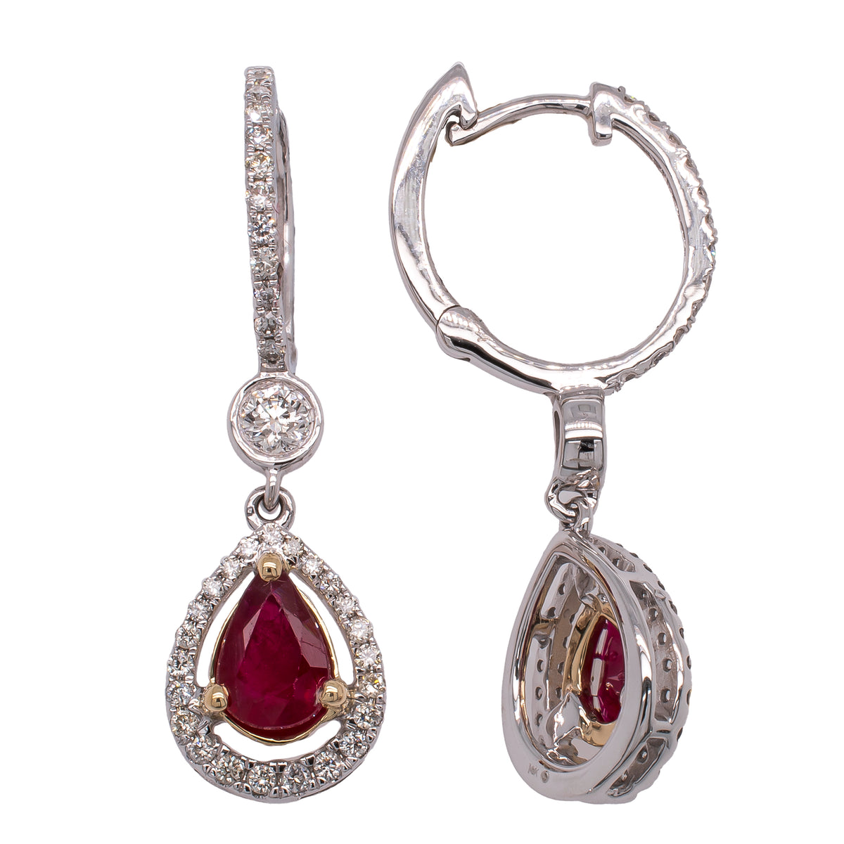 14K White and Yellow Ruby Pear Drop Diamond Huggie Earrings