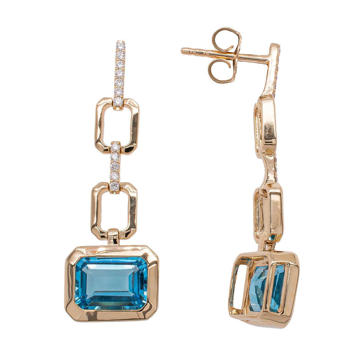 14K Yellow Gold Blue Topaz Diamond Dangle Earrings on Studs