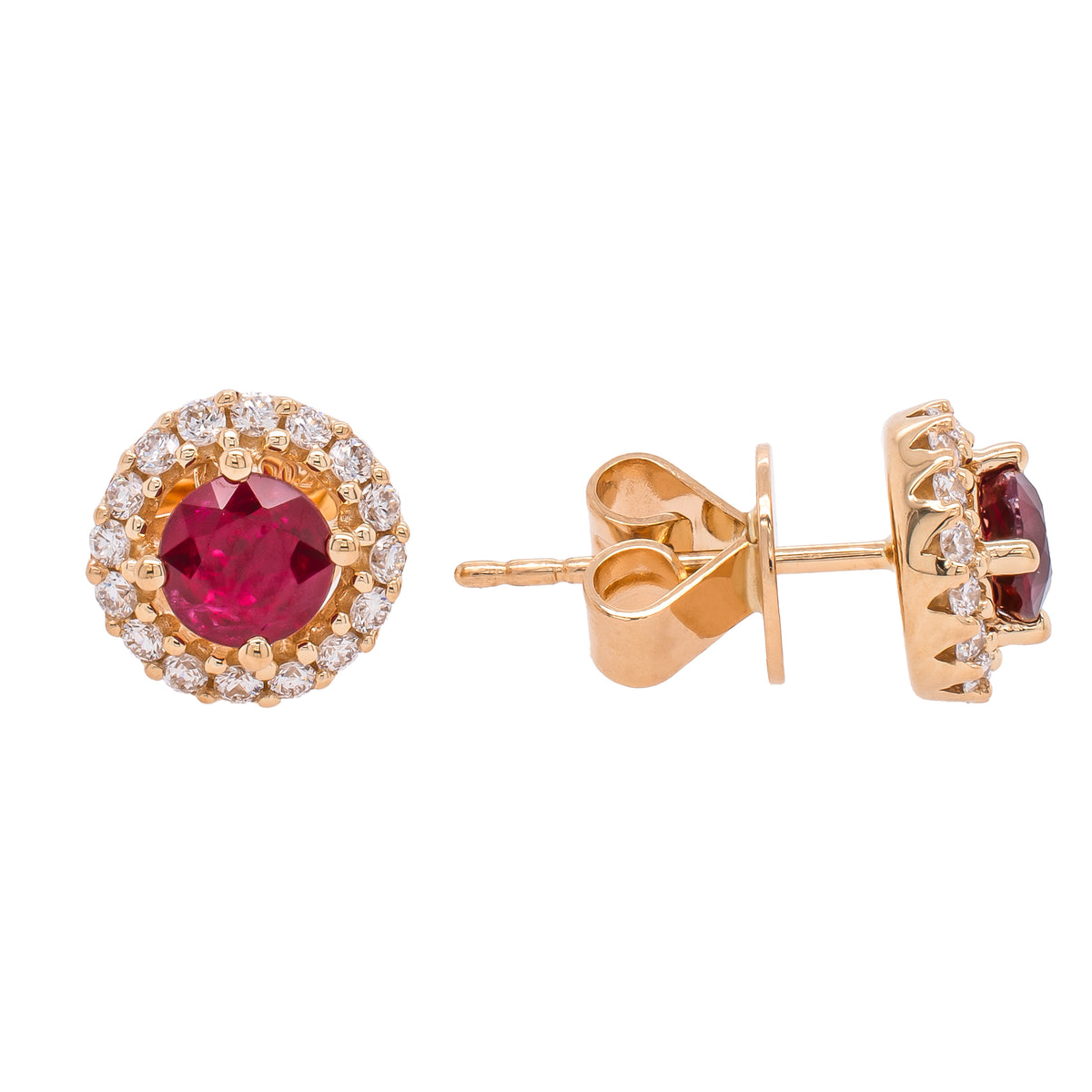 14K Yellow Gold Ruby Round Diamond Stud Earrings