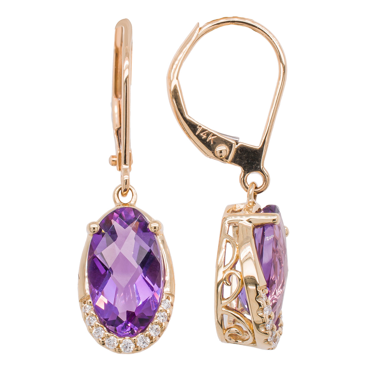 14K Yellow Gold Oval Amethyst Half Halo Diamond Earrings