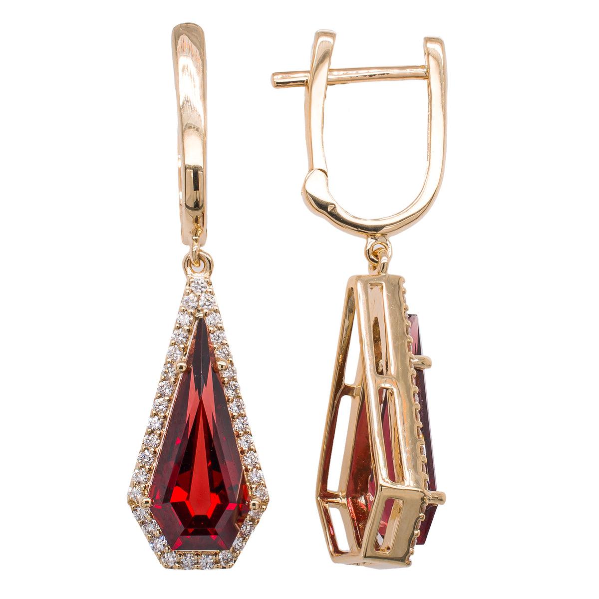 14K Yellow Gold Garnet Diamond Coffin Dangle Earrings