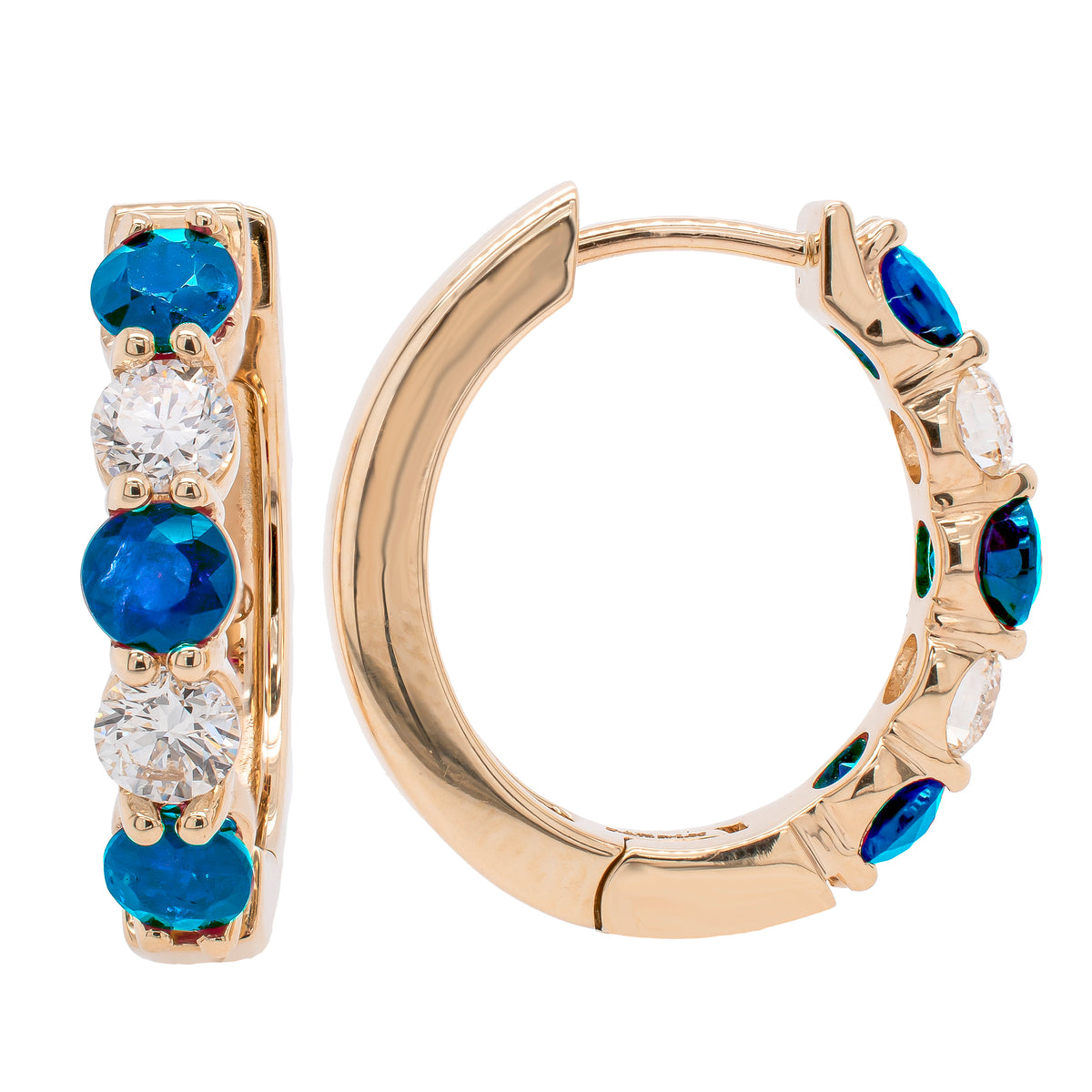 14K Yellow Gold Sapphire Diamond Hoop Earrings